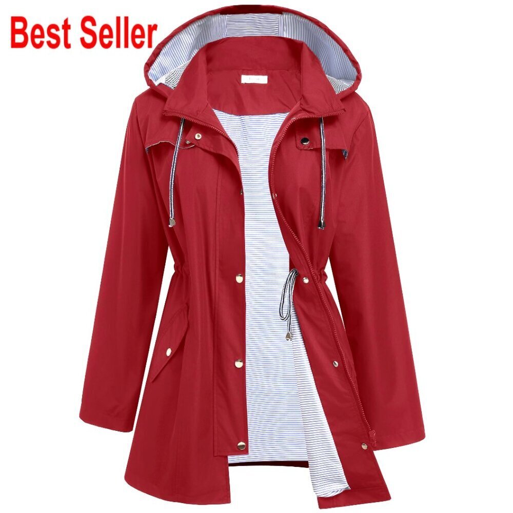 Lightweight Waterproof Raincoat Lined Hooded Trench Coat Windbreaker Outdoor